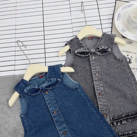 Váy cho bé gái, váy Jean suông cổ nơ năng động cho bé gái 10-32kg