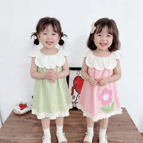 Váy cho bé gái, váy suông sát nách cổ cánh hoa chất thô hàn mềm mát cho bé 10-30kg