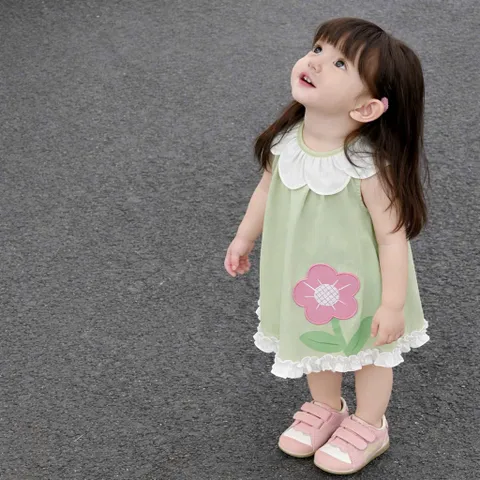 Váy cho bé gái, váy suông sát nách cổ cánh hoa chất thô hàn mềm mát cho bé 10-30kg