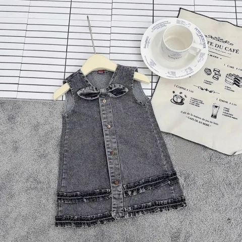 Váy cho bé gái, váy Jean suông cổ nơ năng động cho bé gái 10-32kg