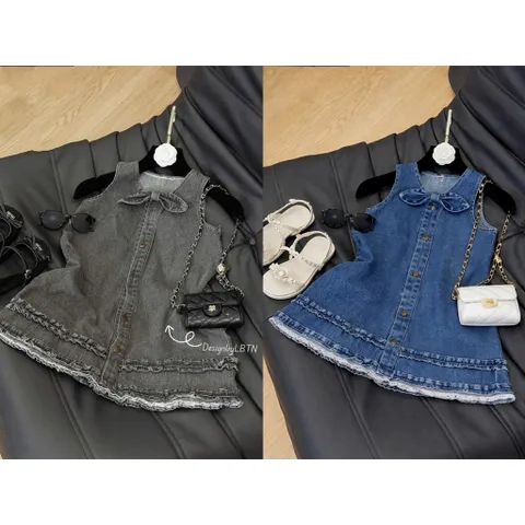 Váy cho bé gái, váy Jean suông cổ nơ năng động cho bé gái 10-32kg