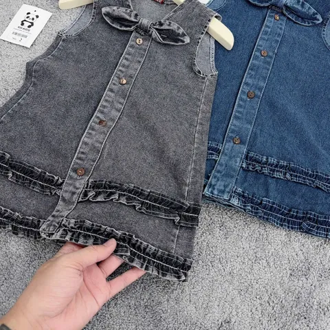 Váy cho bé gái, váy Jean suông cổ nơ năng động cho bé gái 10-32kg