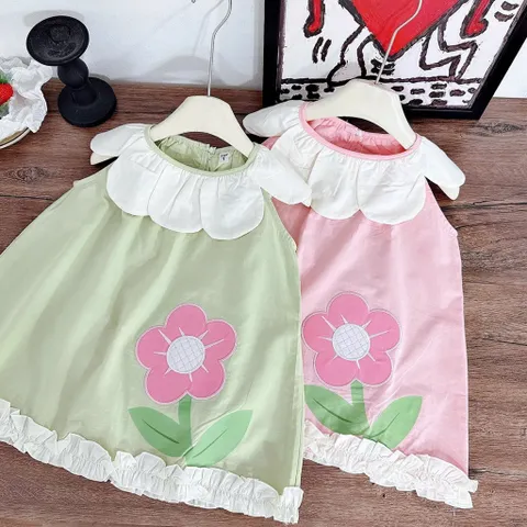 Váy cho bé gái, váy suông sát nách cổ cánh hoa chất thô hàn mềm mát cho bé 10-30kg