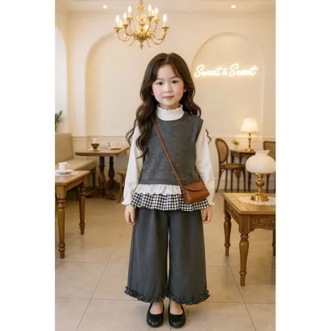 Quần áo bé gái, set bộ thu đông 3ct: áo len ghile màu ghi, áo thun và quần suông cho bé 10-35kg