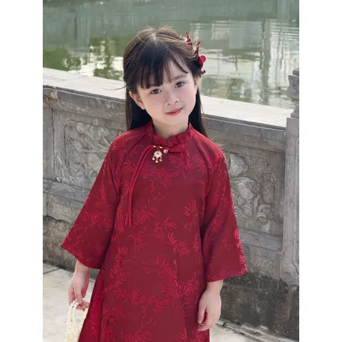 Áo dài cách tân cho bé gái, set áo dài gấm mềm kèm quần lụa cho bé từ 10-30kg