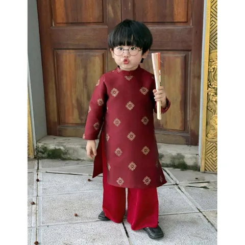 Áo dài cách tân bé trai, set áo dài gấm Tafta Ngọc Phượng lịch lãm cho bé 8-25kg