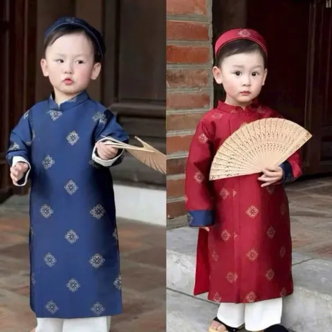 Áo dài cách tân bé trai, set áo dài gấm Tafta Ngọc Phượng lịch lãm cho bé 8-25kg