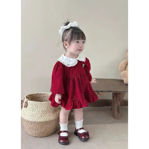 Váy cho bé gái, Set váy nhung đỏ cổ sen phối ren dáng babydoll kèm dây buộc tóc – Cho bé 10–30kg