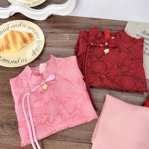 Áo dài cách tân cho bé gái, set áo dài gấm mềm kèm quần lụa cho bé từ 10-30kg
