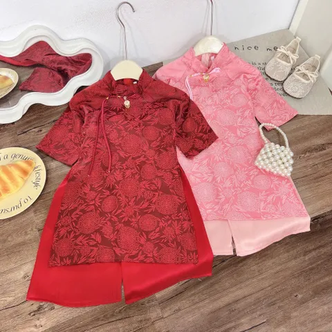 Áo dài cách tân cho bé gái, set áo dài gấm mềm kèm quần lụa cho bé từ 10-30kg
