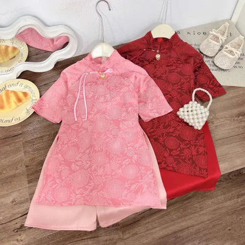 Áo dài cách tân cho bé gái, set áo dài gấm mềm kèm quần lụa cho bé từ 10-30kg