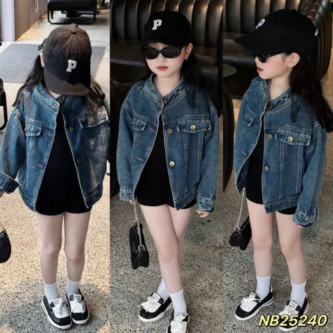 Áo khoác cho bé gái, áo khoác jean cổ trụ mềm mại cho bé 10-35kg
