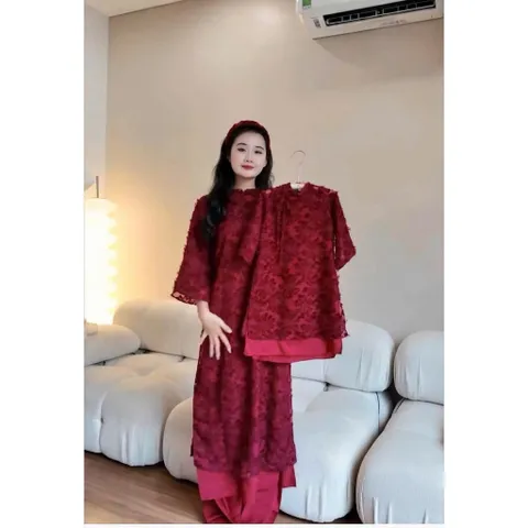 Áo dài cách tân cho bé gái, set áo dài 2 lớp ren lông cổ nơ thanh lịch kèm quần lụa cho bé 10-30kg