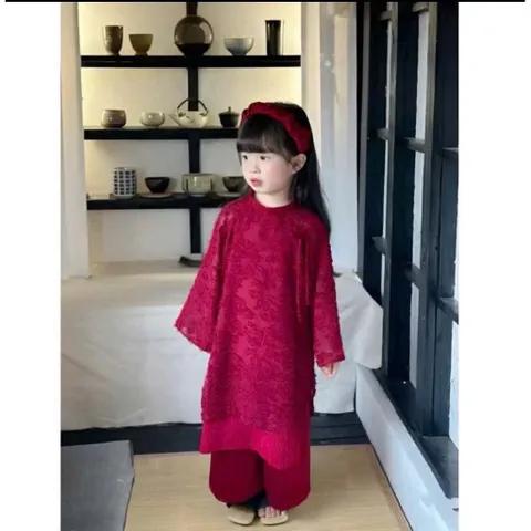 Áo dài cách tân cho bé gái, set áo dài 2 lớp ren lông cổ nơ thanh lịch kèm quần lụa cho bé 10-30kg