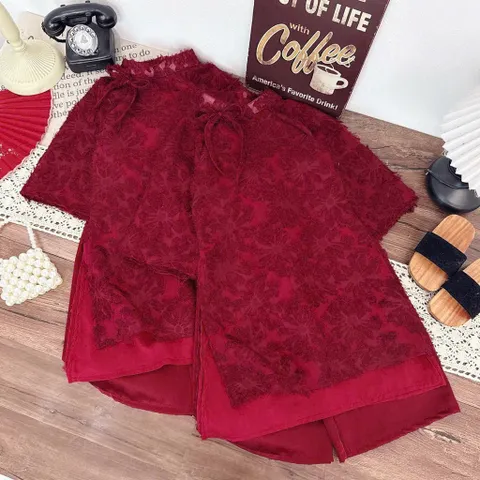 Áo dài cách tân cho bé gái, set áo dài 2 lớp ren lông cổ nơ thanh lịch kèm quần lụa cho bé 10-30kg