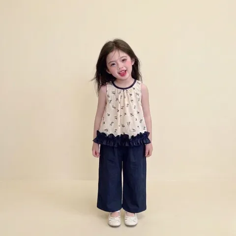 Quần áo bé gái, set áo sát thô đũi hoa nhí quần suông rộng cho bé 10-30kg