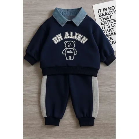 Quần áo thu đông bé trai, set bộ nỉ 2 da cổ áo sơmi Jean tháo rời cho bé 10-30kg