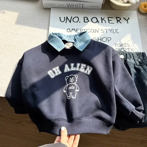 Quần áo thu đông bé trai, set bộ nỉ 2 da cổ áo sơmi Jean tháo rời cho bé 10-30kg