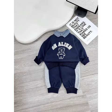 Quần áo thu đông bé trai, set bộ nỉ 2 da cổ áo sơmi Jean tháo rời cho bé 10-30kg