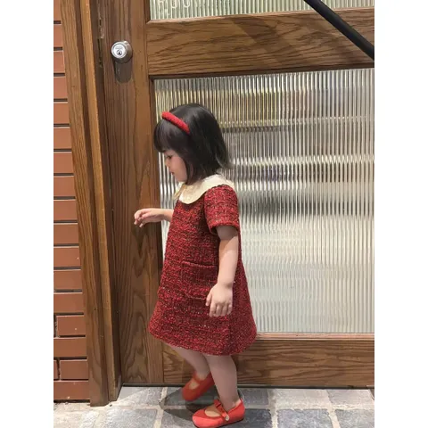 Váy cho bé gái, Váy dạ tweed cổ sen phối ngọc cho bé gái size 10–30kg