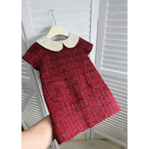 Váy cho bé gái, Váy dạ tweed cổ sen phối ngọc cho bé gái size 10–30kg
