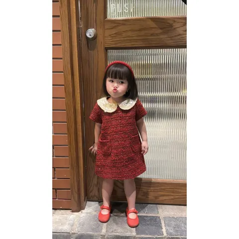 Váy cho bé gái, Váy dạ tweed cổ sen phối ngọc cho bé gái size 10–30kg