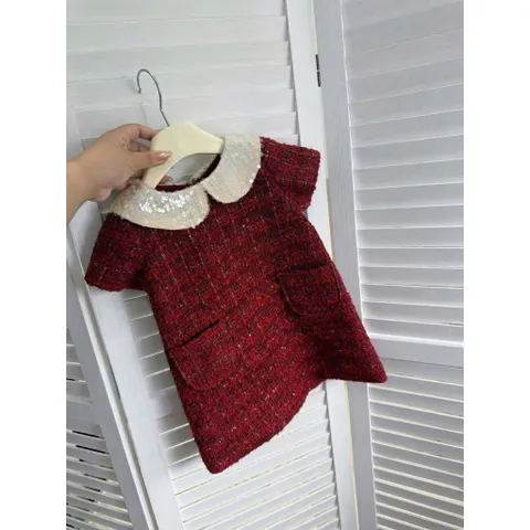 Váy cho bé gái, Váy dạ tweed cổ sen phối ngọc cho bé gái size 10–30kg