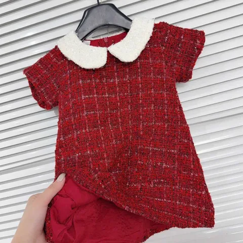 Váy cho bé gái, Váy dạ tweed cổ sen phối ngọc cho bé gái size 10–30kg