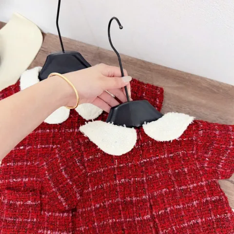 Váy cho bé gái, Váy dạ tweed cổ sen phối ngọc cho bé gái size 10–30kg