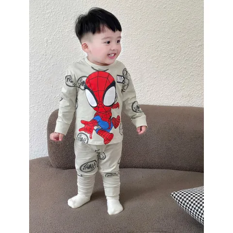 Quần áo thu đông bé trai, set bộ quần áo dài tay chất cotton nhện chibi cho bé 9-24kg