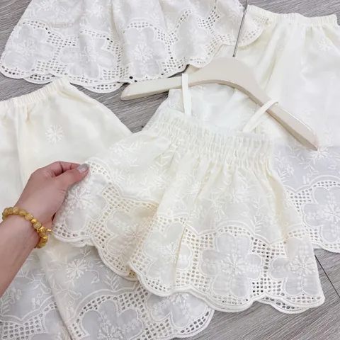 Quần áo bé gái, set bộ áo 2 dây ren kèm quần suông mềm mai cho bé 10-30kg