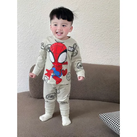 Quần áo thu đông bé trai, set bộ quần áo dài tay chất cotton nhện chibi cho bé 9-24kg
