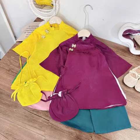 Áo dài cách tân cho bé gái, set áo dài lụa vân mây, quần lụa và túi vải cho bé 10-35kg