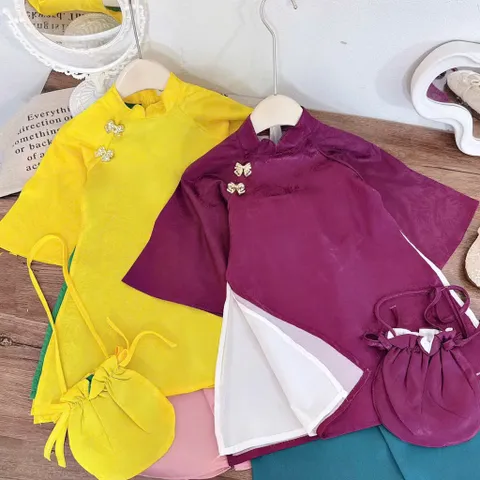 Áo dài cách tân cho bé gái, set áo dài lụa vân mây, quần lụa và túi vải cho bé 10-35kg