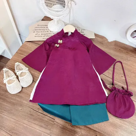 Áo dài cách tân cho bé gái, set áo dài lụa vân mây, quần lụa và túi vải cho bé 10-35kg