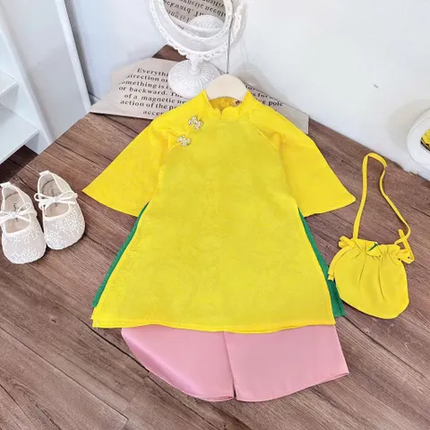 Áo dài cách tân cho bé gái, set áo dài lụa vân mây, quần lụa và túi vải cho bé 10-35kg