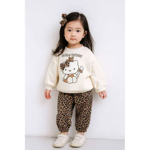 Quần áo thu đông bé gái, set bộ nỉ 2 da hoạ tiết CUTE KITTY kèm quần ống bo da beo cho bé 10-30kg