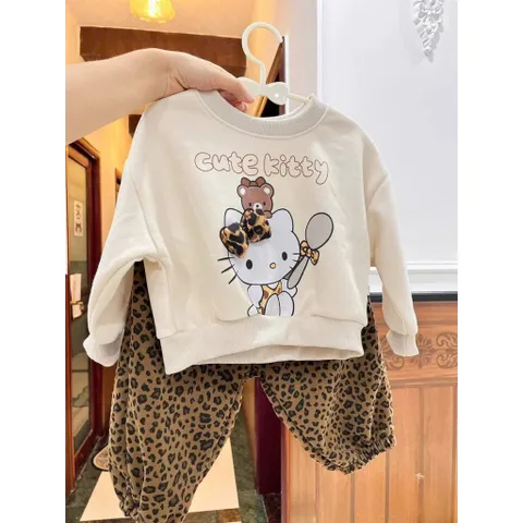 Quần áo thu đông bé gái, set bộ nỉ 2 da hoạ tiết CUTE KITTY kèm quần ống bo da beo cho bé 10-30kg