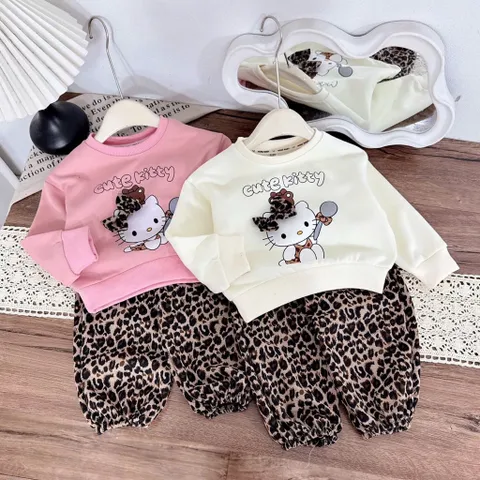 Quần áo thu đông bé gái, set bộ nỉ 2 da hoạ tiết CUTE KITTY kèm quần ống bo da beo cho bé 10-30kg