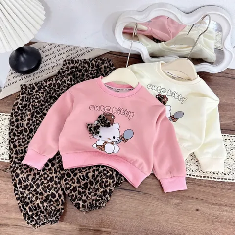 Quần áo thu đông bé gái, set bộ nỉ 2 da hoạ tiết CUTE KITTY kèm quần ống bo da beo cho bé 10-30kg