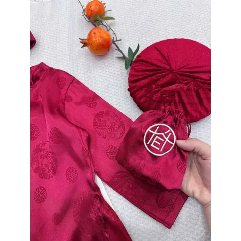 Áo dài cách tân bé trai, set 4ct: áo dài, quần lụa, mấn và túi đựng Lì xì cho bé 8-27kg