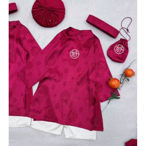 Áo dài cách tân bé trai, set 4ct: áo dài, quần lụa, mấn và túi đựng Lì xì cho bé 8-27kg
