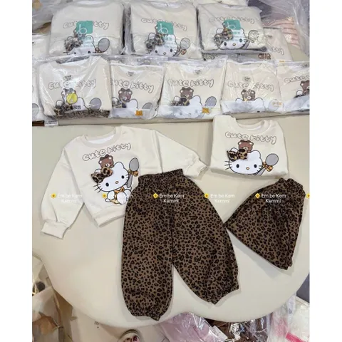 Quần áo thu đông bé gái, set bộ nỉ 2 da hoạ tiết CUTE KITTY kèm quần ống bo da beo cho bé 10-30kg