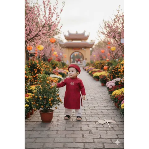 Áo dài cách tân bé trai, set 4ct: áo dài, quần lụa, mấn và túi đựng Lì xì cho bé 8-27kg