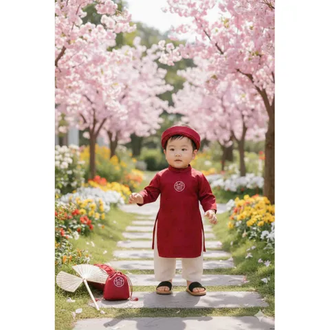 Áo dài cách tân bé trai, set 4ct: áo dài, quần lụa, mấn và túi đựng Lì xì cho bé 8-27kg