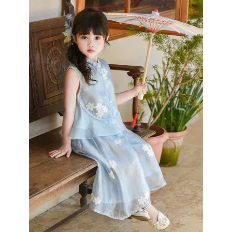 Quần áo bé gái, set bộ áo sát nách kèm quần ống suông chất tơ thêu hoa cho bé size 10-30kg