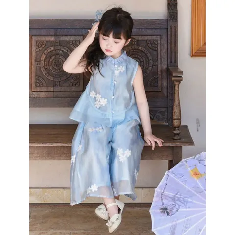 Quần áo bé gái, set bộ áo sát nách kèm quần ống suông chất tơ thêu hoa cho bé size 10-30kg