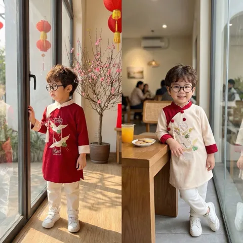Áo dài cách tân cho bé, áo dài nhung lì thêu đôi chim hạc và 3 cúc ngực cho bé trai 10-30kg