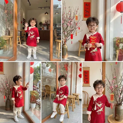 Áo dài cách tân cho bé, áo dài nhung lì thêu đôi chim hạc và 3 cúc ngực cho bé trai 10-30kg