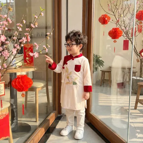 Áo dài cách tân cho bé, áo dài nhung lì thêu đôi chim hạc và 3 cúc ngực cho bé trai 10-30kg